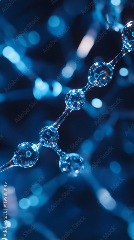 Poster glass molecules creating a structure with blue background lighting, representing scientific innovati