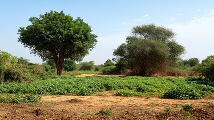 Obraz premium African landscape with dry earth and lush green foliage under a clear blue sky