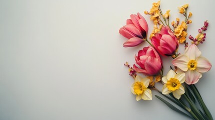 Obraz premium Colorful Tulips and Daffodils Bouquet Isolated on White Background with Copy Space for Text
