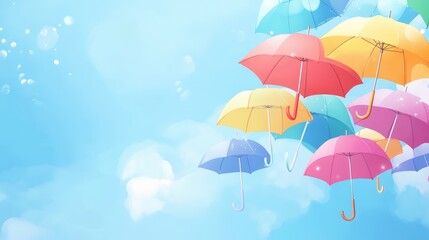 Colorful hanging umbrellas in vibrant hues of pink yellow and red against a bright blue sky with soft clouds and empty text space for creativity