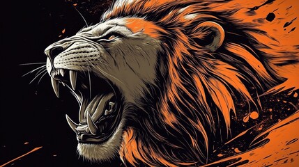 A roaring lion, in the style of vector art, with an orange and black color palette