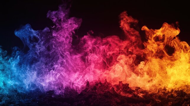 Vibrant gradient of colorful smoke swirling above dark charred embers creating a dramatic background with empty space for text in a contrasting environment.