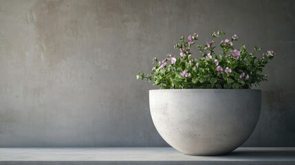 Minimalist closeup of a round concrete flowerpot filled with green plants and pink flowers on a grey background with empty space for text