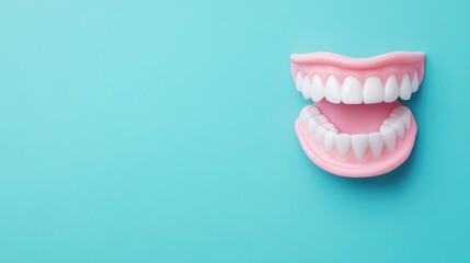 Fototapeta premium Dental educational background showcasing realistic white and pink teeth on a vibrant turquoise backdrop with ample empty copy space for informative text.