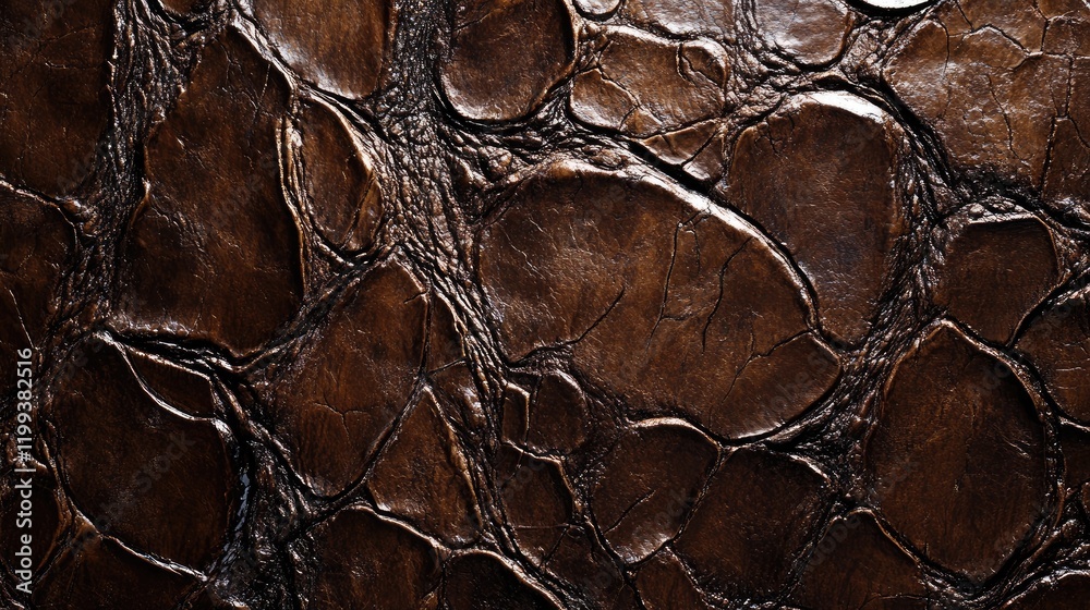 Poster closeup of textured glossy brown crocodile skin patterns on dark background with ample empty copy sp