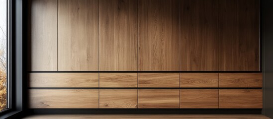 Modern wardrobe interior showcasing sleek wooden drawers against a warm walnut backdrop with spacious area for textual overlay in a minimalist setting