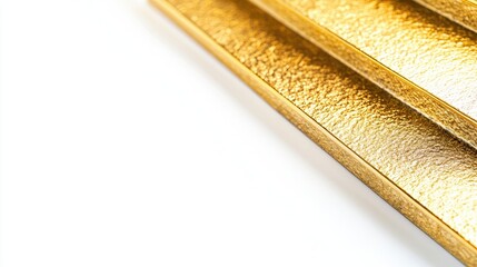 Closeup of textured gold metal stair treads on a pristine white background showcasing slip-resistant features with ample empty space for design elements.