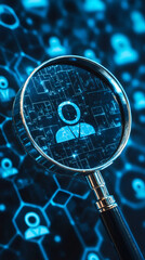 Fototapeta premium Digital user icon magnified on circuit board, representing cybersecurity, data privacy, network protection through technological lens