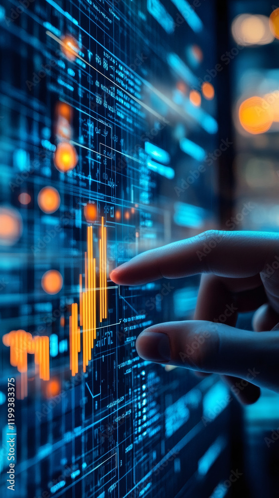 Aufkleber touching transparent digital interface showing stock market trends, visualizing financial technology