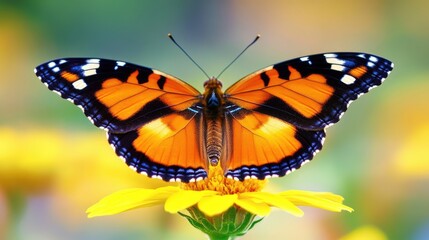 Closeup of vibrant orange and black Painted Lady butterfly perched on bright yellow flower, captured in soft light with a blurred background for text space.