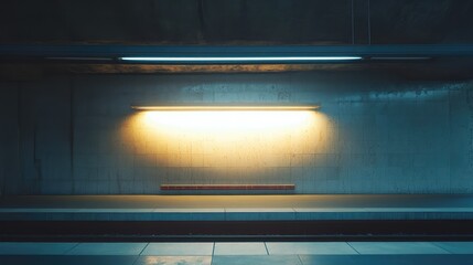 Obraz premium Closeup of a subway train shelter with warm light illuminating the platform, featuring empty space for text and minimalist urban design elements.