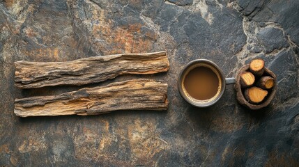 Top view of a rustic coffee cup with brown coffee beside dry wooden logs on a textured stone table, featuring empty space for text and warm earthy tones.
