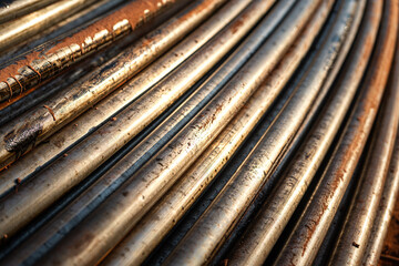Stack of pipeline of tubing pipe in dirty condition that used in the oil production industrial. Close-up and selective at the object.