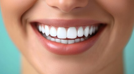 Obraz premium Bright Smiling Woman with Perfect White Teeth Against Soft Blue Background in Dental Clinic Environment for Cosmetic Dentistry Promotion