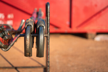 Heavy duty adjustable pipe wrench that used at the construction site workplace. Industrial working equipment hand tool, close-up at object part and selective focus.