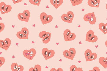 Vector pattern with cute pink kawaii hearts. Seamless pattern for Valentine's Day. Trendy retro hearts seamless pattern. Groovy style, vintage, 70s 80s aesthetics. Vector