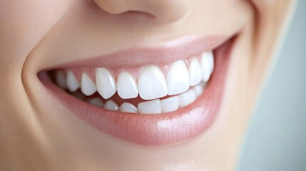 Obraz premium Smiling Patient with White Teeth Displaying Dental Health in Modern Clinic with Soft Blue Background and Copy Space for Text