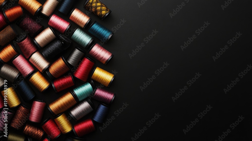 Poster vibrant assortment of colorful silk threads in spools on black background with ample copy space for 