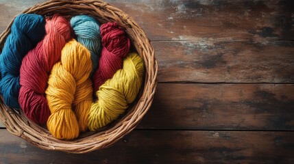 Vibrant skeins of wool in a woven basket surrounded by rustic wooden background creating ample copy space for creative text overlays