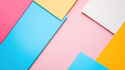 Pastel Colored Geometric Shapes Arrangement on Soft Pink Background with Blue Yellow and White Elements for Creative Copy Space