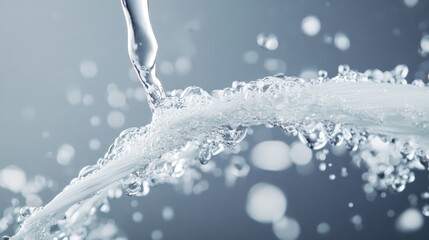Close-up of dental floss surrounded by vibrant water splashes and soft soap foam on a blurred gray background with ample copy space for hygiene text