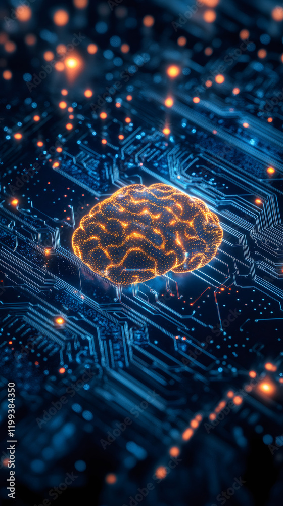 Poster Glowing AI brain hovering above circuit board, processing digital information, representing neural network technology
