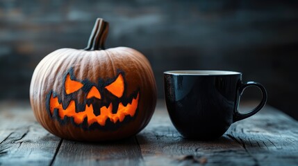 Warm cup of dark coffee beside a glowing orange jack-o-lantern on rustic wooden table with atmospheric dark background and copy space for text