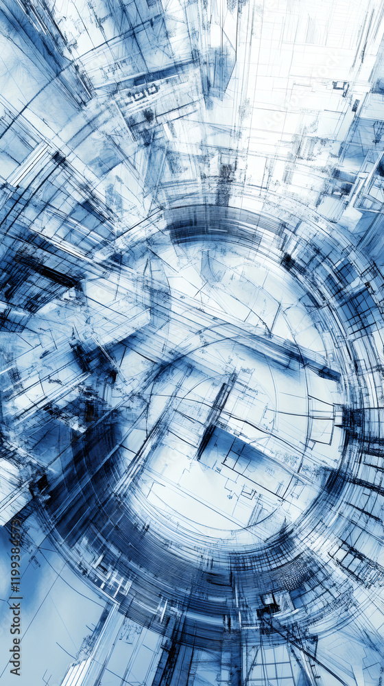 Poster Glowing blue circular blueprint with intersecting geometric lines, representing complex technological network and futuristic engineering visualization