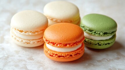 Obraz premium Colorful macarons in vibrant orange green and cream arranged on a light marble surface with empty copy space for text and design elements