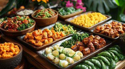 Obraz premium Indulge in an Overflowing Feast Buffet Table with Many Different Types of Delicious Food Offering a Plate of Culinary Inspiration Generative AI