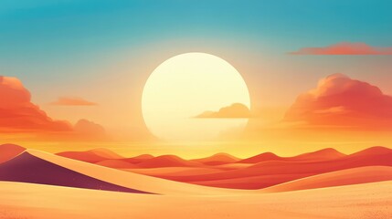 Obraz premium Desert Scene at Dusk with Large Sun and Clouds Over Rolling Sand Dunes