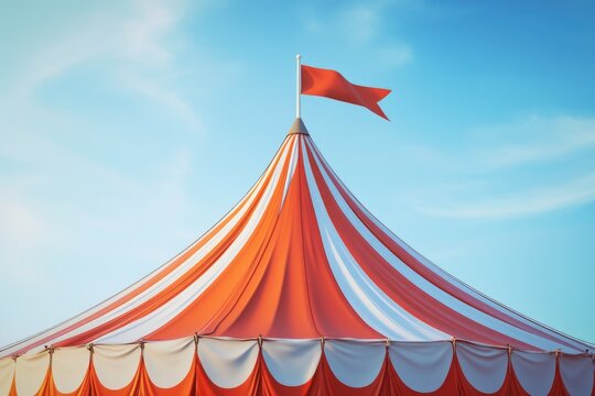 Vibrant red and white striped tent, typical of traveling circuses. Symbolizes adventure and fun for all ages.