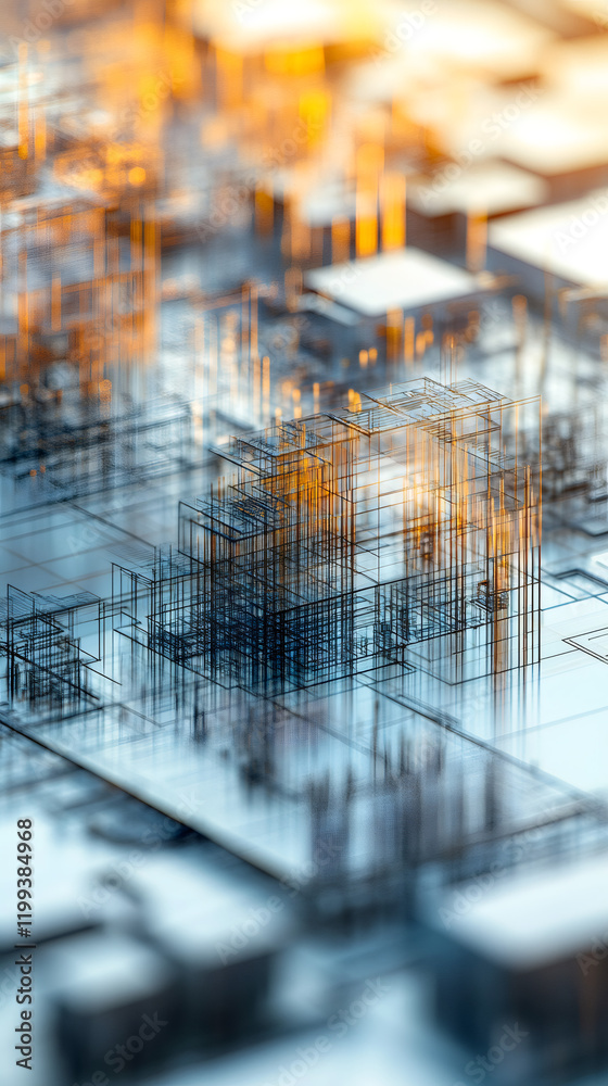 Poster wireframe cityscape glowing, illuminating reflective surface with futuristic technological network d