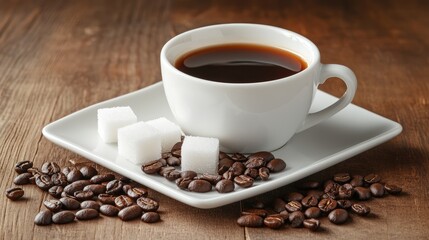 Steaming black coffee in a white cup on a square plate, accompanied by sugar cubes and scattered coffee beans on a rustic wooden surface, inviting blank space for text.