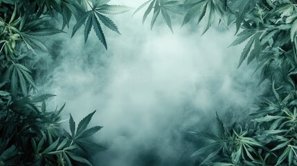 Lush Green Cannabis Leaves Framing Soft Smoke Haze Background with Subtle Copy Space for Text and Atmospheric Detail in Center