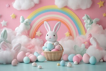 Easter bunny celebration colorful rainbow background cute plush toy festive atmosphere whimsical scene for spring joy