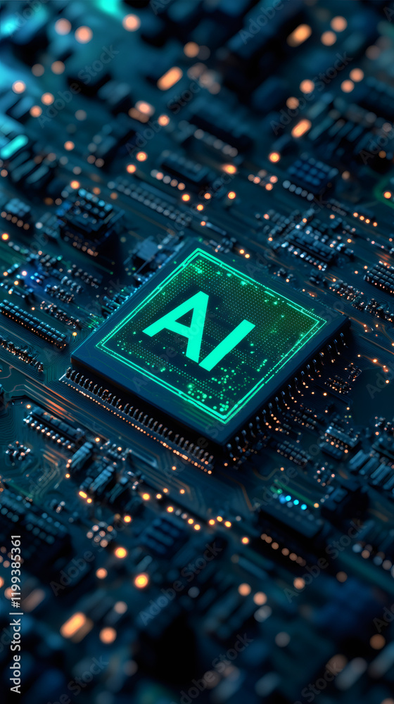 Poster microchip with ai symbol glowing on motherboard is powering artificial intelligence and machine lear