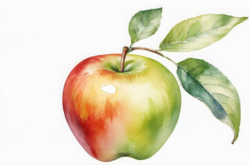 Watercolor illustration of a red ripe apple on a branch with leaves on a white background