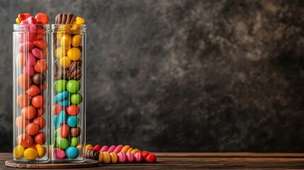 Colorful candy assortment in transparent glass tubes on rustic wooden table against textured dark background with blank space for text or branding