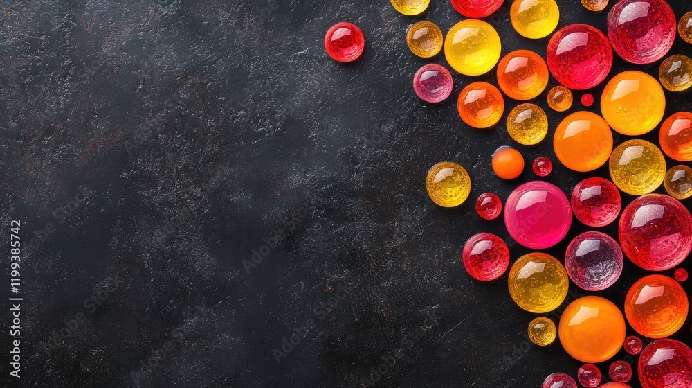 Poster vibrant multicolored soap bubbles arranged on dark slate background with ample negative space for te