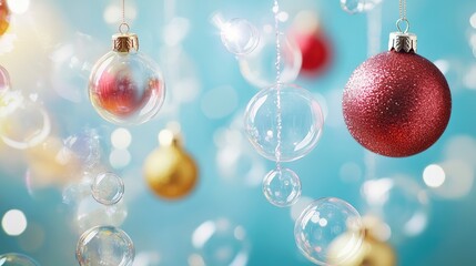 Fototapeta premium Colorful Soap Bubbles and Glittering Holiday Ornaments in Red and Gold Against a Soft Blue Background with Blurred Lights and Space for Text