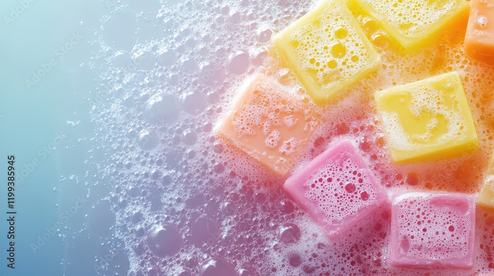 Poster brightly colored pastel soaps submerged in soft white bubbles against a gradient blue background wit