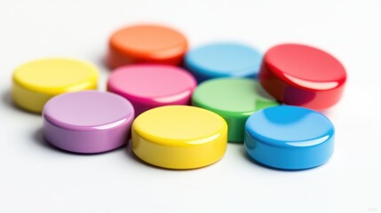 Colorful glossy round magnets in various vibrant hues including red, blue, yellow, pink, green, and purple arranged on a clean white background with space for text