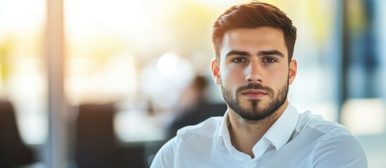 Professional young male in white shirt focused on computer in bright busy modern office with soft lighting and collaborative work environment