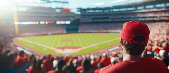 Cheering fans in a vibrant stadium during a baseball game with a clear view of the grassy field and bright red team colors creating an energetic atmosphere