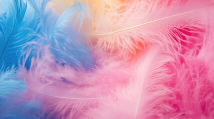 Obraz premium Soft pastel feathers in vibrant pink blue and yellow hues for ballet costumes and tutus with serene blurred background and ample copy space.