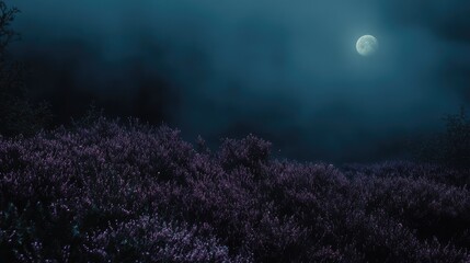 Lush purple heather shrubs under tranquil blue autumn moonlight with ethereal mist and ample negative space for text in serene landscape setting