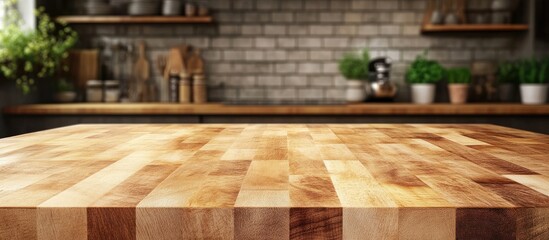Modern kitchen interior featuring a warm butcher block countertop and rustic wooden cabinets against a soft gray brick wall with green plants.