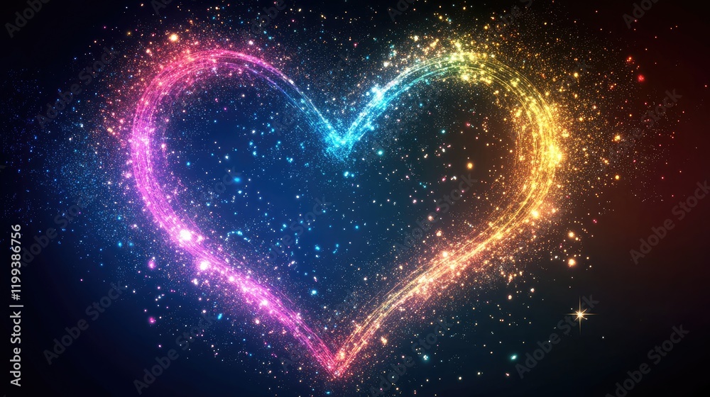 Poster vibrant heart-shaped sparkles with a multicolor gradient effect on a dark background featuring starr