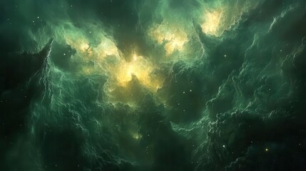 Fototapeta premium A captivating cosmic scene featuring swirling green clouds illuminated by bursts of golden light, evoking a sense of wonder and the vastness of space.